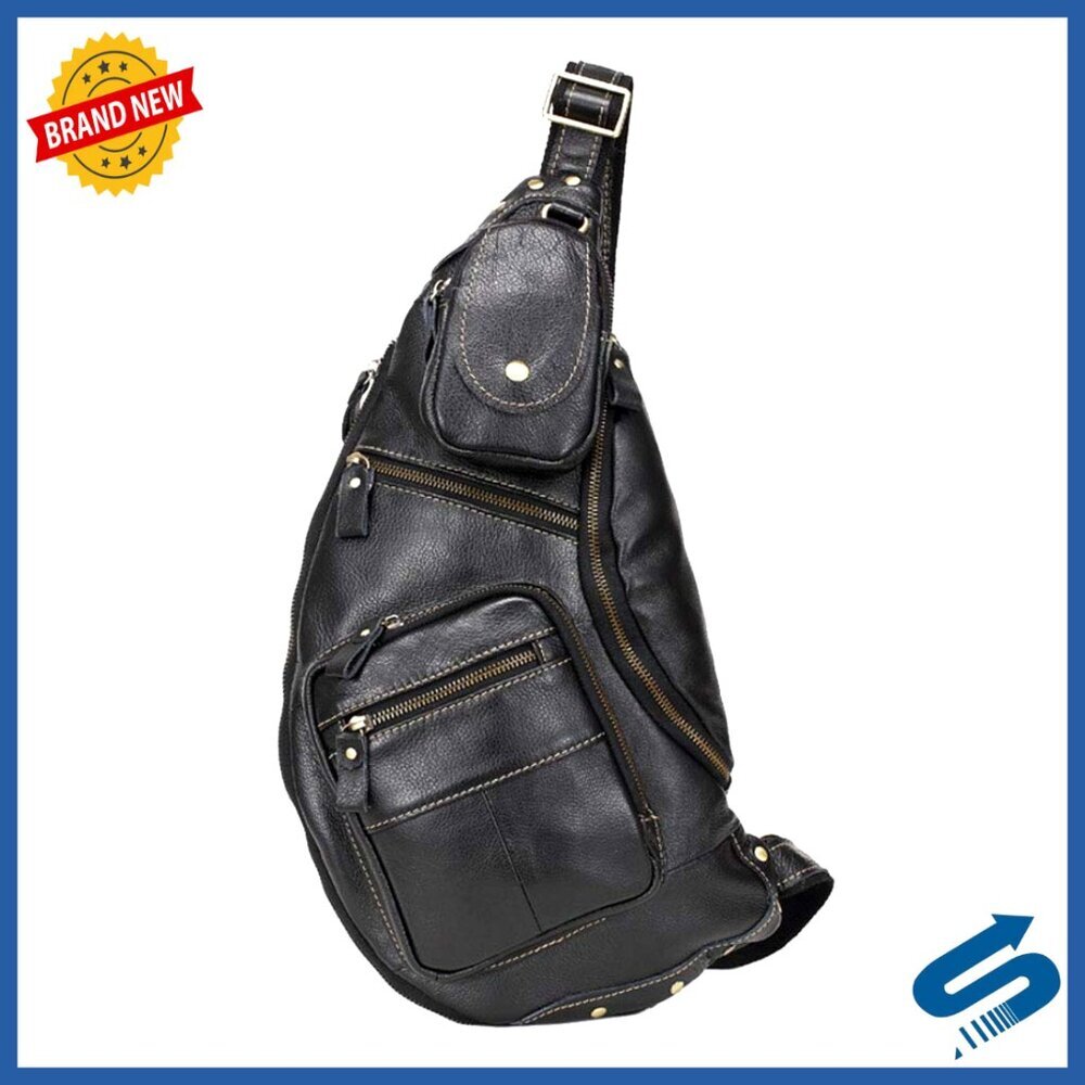 Vintage Leather Sling Bag Crossbody Backpack Large Travel Daypack